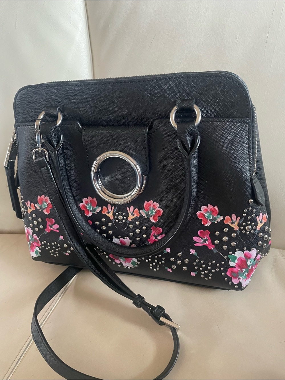Calvin Klein Black Floral Studded Satchel with Pink Accents and Silver HW - NWOT